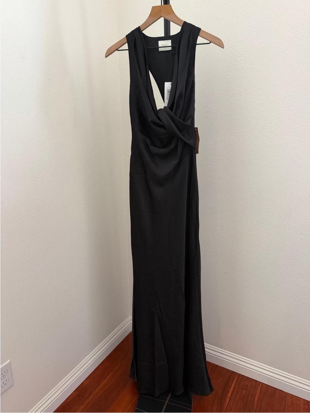 NWT o.p.t Black Satin Gown size 2 racer back twist maxi dress Few Moda